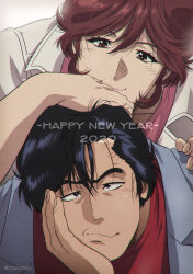 Rule 34 | 1boy, 1girl, 2020, absurdres, black eyes, black hair, brown hair, city hunter, closed mouth, fingernails, hair between eyes, hand on another&#039;s head, hand on own face, happy new year, highres, jacket, makimura kaori, new year, pink shirt, red shirt, saeba ryou, shirt, smile, wavy mouth, white jacket, yuu (masarunomori)