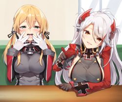 Rule 34 | 2girls, :d, anchor hair ornament, azur lane, black gloves, black ribbon, blonde hair, blue eyes, blush, breasts, brown eyes, cross, crossover, gloves, hair between eyes, hair ornament, hair ribbon, half-closed eyes, head tilt, historical name connection, indoors, iron cross, kantai collection, large breasts, long hair, long sleeves, looking at viewer, low twintails, military, military uniform, mole, mole on breast, multiple girls, name connection, open mouth, parted lips, pointing, pointing at viewer, prinz eugen (azur lane), prinz eugen (kancolle), ribbon, sideboob, silver hair, smile, swept bangs, teeth, twintails, two side up, uniform, upper teeth only, white gloves, window, yappen