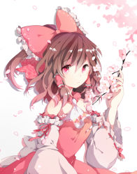 Rule 34 | 1girl, ascot, bow, brown eyes, cherry blossoms, dasulchan, detached sleeves, dress, female focus, floral print, hair bow, hair tubes, hakurei reimu, long sleeves, looking at viewer, petals, pink eyes, ponytail, red dress, solo, touhou, tree, wide sleeves