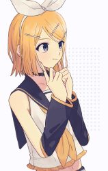 Rule 34 | 1girl, :t, absurdres, bare shoulders, black choker, blonde hair, blue eyes, blush, bow, choker, detached sleeves, fingers to cheeks, frilled shirt, frills, hair bow, hair ornament, hairclip, highres, kagamine rin, keylow, midriff, navel, neckerchief, pointing, pointing at self, pout, sailor collar, sailor shirt, shirt, short hair, shorts, sleeveless, sleeveless shirt, solo, upper body, vocaloid, white bow, yellow neckerchief