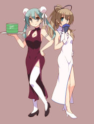 Rule 34 | 10s, 2girls, aqua eyes, aqua hair, bamboo steamer, bow, breasts, brown hair, china dress, chinese clothes, cleavage, cleavage cutout, clothing cutout, double bun, dress, drum (container), folding fan, gloves, hair bow, hair bun, hand fan, highres, hoppege, kantai collection, kumano (kancolle), large breasts, medium breasts, multiple girls, personification, ponytail, simple background, suzuya (kancolle), thighhighs, twintails, white gloves, white legwear