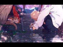 Rule 34 | 1girl, camera, cat, cherry blossoms, commentary, dappled sunlight, letterboxed, long sleeves, ogipote, original, pleated skirt, school uniform, serafuku, skirt, sleeves past wrists, squatting, sunlight, sweater