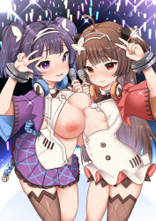 Rule 34 | 2girls, ahoge, azur lane, blush, braid, breasts, brown hair, closed mouth, covered navel, headphones, headphones around neck, highres, holding, holding microphone, large breasts, lens flare, long hair, medium hair, microphone, mojarin (kihara mojarin), multiple girls, navel, ning hai (azur lane), ning hai (dragon sisters! -n) (azur lane), nipples, open mouth, orange eyes, ping hai (azur lane), ping hai (dragon sisters! -p) (azur lane), purple eyes, purple hair, purple skirt, skirt, small breasts, smile, sparkle, tears, thighhighs, tight clothes, twintails, v, w