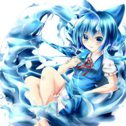 Rule 34 | 1girl, akaikonomi, bad id, bad pixiv id, blue eyes, blue hair, bow, cirno, crossed legs, dress, eating, food, grin, hair bow, hydrokinesis, ice, ice wings, looking at viewer, lying, matching hair/eyes, popsicle, puffy short sleeves, puffy sleeves, reclining, ribbon, short hair, short sleeves, simple background, smile, solo, touhou, water, white background, wings