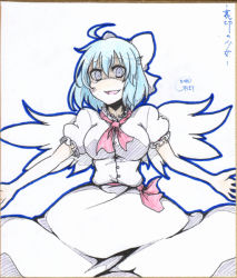 Rule 34 | 1girl, :d, artist name, blue eyes, blue hair, bow, breasts, cirno, crazy, earlgrey, hair bow, large breasts, mai (touhou), matching hair/eyes, no nose, open mouth, puffy sleeves, shikishi, short hair, short sleeves, smile, solo, touhou, touhou (pc-98), traditional media, white wings, wings