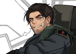Rule 34 | 1boy, armored core, armored core 6, bags under eyes, bandaid, bandaid on cheek, bandaid on face, beard stubble, blue eyes, facial hair, g1 michigan, g1 michigan (armored core 6), grin, kyou (ningiou), looking at viewer, male focus, mature male, military uniform, mouth hold, mustache stubble, on chair, short hair, sitting, sketch background, smile, solo, stalk in mouth, stubble, thick eyebrows, uniform, upper body