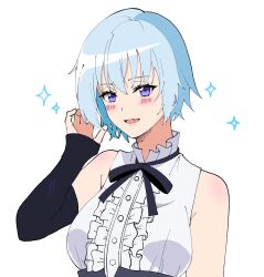 Rule 34 | 1girl, alternate hair length, alternate hairstyle, assault lily, bare shoulders, black ribbon, blue hair, blush, breasts, buttons, center frills, chimimago, commentary, detached sleeves, fang, frilled shirt, frilled shirt collar, frills, hair between eyes, hand in own hair, hand up, highres, long sleeves, looking at viewer, medium breasts, mori tatsuki, neck ribbon, parted lips, purple eyes, ribbon, school uniform, shirt, short hair, simple background, sleeveless, sleeveless shirt, sleeves past wrists, smile, solo, sparkle, upper body, white background, white shirt, yurigaoka girls academy school uniform