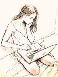 Rule 34 | 1girl, computer, female focus, full body, hand on own cheek, hand on own face, laptop, long sleeves, monochrome, nightgown, on bed, partially colored, sitting, solo, yukisita mayu