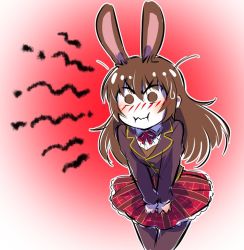 Rule 34 | 1girl, angry, animal ears, aura, brown eyes, brown hair, rabbit ears, commentary, embarrassed, holding, holding clothes, holding skirt, iesupa, pantyhose, pout, rwby, school uniform, skirt, velvet scarlatina
