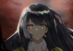 1girl absurdres black_hair closed_mouth girls&#039;_frontline headphones heterochromia highres long_hair looking_at_viewer multicolored_hair red_eyes red_sky ro635_(girls&#039;_frontline) sky solo_focus wh1te yellow_eyes