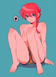 Rule 34 | 1girl, annoyed, barefoot, blue eyes, braid, braided ponytail, breasts, convenient censoring, convenient leg, artistic error, genderswap, genderswap (mtf), highres, knees up, large breasts, looking at viewer, medium hair, on floor, ranma-chan, ranma 1/2, red hair, rumic 0620, saotome ranma, simple background, sitting, solo, spoken squiggle, squiggle, topless, wet, wrong foot