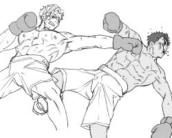 Rule 34 | 2boys, abs, ao isami, bara, boxing gloves, bruise, clenched teeth, couple, cowboy shot, crossed legs, duel, facial hair, greyscale, highres, injury, large pectorals, lewis smith, male focus, monochrome, multiple boys, muscular, muscular male, navel, nipples, pectorals, poyosoftware, punching, saliva, sideburns stubble, stomach, stubble, teeth, thick eyebrows, topless male, wrestling outfit, yaoi, yuuki bakuhatsu bang bravern