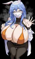 Rule 34 | 1girl, animal ear fluff, animal ears, bikini, black background, black pantyhose, blue hair, blush, breasts, cleavage, commentary request, covered mouth, hella p, highres, hololive, huge breasts, korean commentary, long sleeves, looking at viewer, mask, mature female, mouth mask, off shoulder, orange bikini, orange eyes, pantyhose, pekomama, rabbit ears, rabbit girl, shirt, simple background, sodeboob, solo, standing, swimsuit, thick eyebrows, thighs, virtual youtuber, white shirt