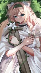 Rule 34 | 1girl, 55oyatu, animal ear fluff, animal ears, arknights, blonde hair, blue eyes, closed mouth, commentary request, day, dress, flower, green hairband, hair between eyes, hair flower, hair ornament, hairband, highres, horn (arknights), hugging object, long hair, looking at viewer, red dress, see-through, solo, sword, very long hair, weapon, white flower
