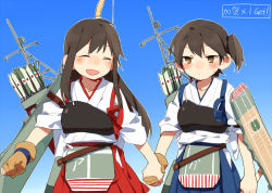 Rule 34 | akagi (kancolle), apron, blue background, brown hair, d.y.x., gradient background, holding hands, japanese clothes, kaga (kancolle), kantai collection, long hair, muneate, side ponytail, tasuki, translation request