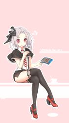 Rule 34 | 1girl, black thighhighs, capelet, character name, grey hair, headgear, highres, holding, looking at viewer, necktie, open mouth, puff of air, red eyes, sasya, shoes, sitting, solo, striped necktie, striped neckwear, thighhighs, vittorio veneto (warship girls r), warship girls r