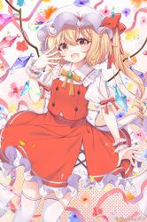 Rule 34 | 1girl, blonde hair, bow, brooch, bubble, cowboy shot, crystal, eyelashes, fang, fingernails, flandre scarlet, floral background, frilled shirt, frilled shirt collar, frilled skirt, frills, hand to own mouth, haruki (colorful macaron), hat, hat ribbon, highres, jewelry, mob cap, neck ribbon, red bow, red eyes, red ribbon, red skirt, red vest, ribbon, scrunchie, shirt, short hair, short sleeves, side ponytail, skirt, sleeve ribbon, solo, thighhighs, touhou, vest, wings, wrist scrunchie, yellow ribbon