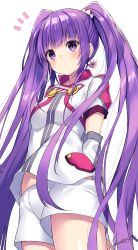 1girl, absurdres, earrings, hair ornament, hands in pockets, highres, jewelry, kurebayashi noe, long hair, parted lips, purple eyes, purple hair, shorts, signature, sophie (tales), tales of (series), tales of graces, twintails, white background