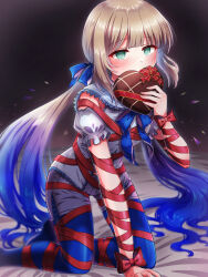 Rule 34 | 1boy, absurdres, alternate costume, bed sheet, blue hair, blue pantyhose, blue ribbon, blush, bound, bow, box, brown hair, captain nemo (fate), chocolate, commentary request, covering own mouth, crossdressing, detached sleeves, fate/grand order, fate (series), frills, gift, gradient hair, green eyes, grey shirt, grey shorts, hair ribbon, hand up, heart, heart-shaped box, heart-shaped pupils, highres, holding, holding gift, kneeling, long hair, looking at viewer, low twintails, male focus, multicolored hair, neck ribbon, nemo (fate), pantyhose, puffy short sleeves, puffy sleeves, red bow, red ribbon, ribbon, ribbon bondage, shell ocean, shirt, short sleeves, shorts, sidelocks, sleeveless, sleeveless shirt, solo, symbol-shaped pupils, trap, twintails, valentine, very long hair