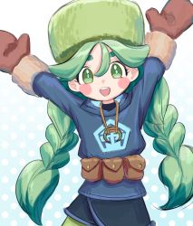 Rule 34 | 1girl, :d, arms up, black skirt, blue jacket, blue pupils, blush stickers, braid, brown mittens, commentary request, creatures (company), eyelashes, female focus, fur-trimmed jacket, fur hat, fur trim, game freak, green hair, green hat, green pantyhose, hair between eyes, hat, highres, jacket, long hair, long sleeves, looking at viewer, mittens, nintendo, open mouth, pantyhose, pokemon, pokemon legends: arceus, raimu (safz2322), sabi (pokemon), skirt, smile, solo, teeth, twin braids, twintails, upper teeth only