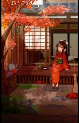 Rule 34 | 1girl, arm support, autumn, autumn leaves, black hair, blush, bow, broom, bucket, chain, cup, dappled sunlight, geta, grass, hair bow, hair ornament, hairclip, hand on lap, highres, holding, holding leaf, japanese clothes, kimono, leaf, long hair, maple leaf, obi, original, ponytail, porch, red eyes, sash, shoes, unworn shoes, sitting, sliding doors, smile, solo, stone, sunlight, sunset, table, tamanoti, tatami, teacup, watering can, wooden bucket