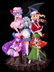 Rule 34 | 5girls, apron, bat wings, beret, black footwear, blue eyes, blue skirt, blue vest, chaa (ritoporu), crescent, crescent hat ornament, dress, embodiment of scarlet devil, flandre scarlet, frilled apron, frilled skirt, frills, full body, green hat, green skirt, green vest, hat, hat ornament, holding, holding polearm, holding weapon, hong meiling, izayoi sakuya, laevatein (touhou), long dress, long hair, long skirt, lowres, maid, maid apron, mary janes, medium hair, mob cap, multicolored wings, multiple girls, one side up, own hands together, patchouli knowledge, pink dress, pink footwear, pink hat, pixel art, polearm, puffy short sleeves, puffy sleeves, red eyes, red footwear, red skirt, red vest, remilia scarlet, ribbon-trimmed headwear, ribbon trim, shirt, shoes, short sleeves, skirt, socks, standing, star (symbol), star hat ornament, thighhighs, touhou, transparent background, very long hair, vest, waist apron, weapon, white apron, white hat, white shirt, white socks, white thighhighs, wings