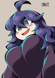 Rule 34 | 1girl, :d, @ @, ahoge, alternate breast size, blue eyes, blush, breasts, chichibu (watson), commentary request, creatures (company), dress, game freak, grey background, hair between eyes, hairband, hex maniac (pokemon), long hair, nintendo, npc trainer, open mouth, pokemon, pokemon xy, purple hair, purple hairband, simple background, smile, solo, tongue