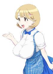 Rule 34 | 10s, 1girl, alternate breast size, breasts, brown eyes, brown hair, dress, hair ornament, hairclip, heart, heart hair ornament, huge breasts, kobeya, kobeya uniform, matching hair/eyes, narusawa ryouka, occultic;nine, short hair, simple background, smile, solo, ueyama michirou, white background