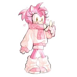 1girl :d alternate_costume amy_rose animal_ears animal_nose blush bug butterfly chupcha_chuchu full_body furry furry_female gloves green_eyes hair_ornament hairclip hedgehog_girl highres insect leg_warmers open_mouth pink_fur pink_hair pink_scarf pink_shoes ponytail scarf shirt shoes simple_background skirt smile solo sonic_(series) standing white_background white_gloves white_leg_warmers white_shirt white_skirt