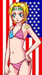 Rule 34 | 1girl, american flag background, american flag bikini, bikini, blonde hair, blue eyes, commentary request, contrapposto, earrings, flag print, flat chest, genderswap, genderswap (mtf), hand on own hip, headband, jewelry, kinnikuman, kinnikuman nisei, lowres, masupanman, navel, short hair, side-tie bikini bottom, solo, swimsuit, terry the kid