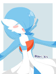 Rule 34 | 1girl, ^ ^, alternate color, artist name, blue hair, blue skin, blush, blush stickers, bob cut, border, closed eyes, colored skin, cowboy shot, creatures (company), drop shadow, female focus, flat chest, game freak, gardevoir, gen 3 pokemon, grey background, hair over one eye, halftone, happy, highres, multicolored skin, nintendo, one eye covered, open mouth, outside border, outstretched arms, pokemon, pokemon (creature), shiny pokemon, short hair, signature, simple background, smile, solo, standing, suzu (seri his), twitter username, two-tone skin, white border, white skin