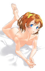 Rule 34 | 10s, 1girl, absurdres, ass, bad anatomy, barefoot, blue eyes, blush, bow, breasts, commentary request, feet, hair bow, hair ribbon, highres, jorori, kosaka honoka, looking at viewer, love live!, love live! school idol project, lying, nude, on stomach, one side up, open mouth, orange hair, ribbon, side ponytail, soles, solo, sweat, the pose, toes