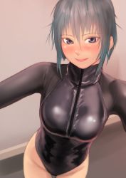Rule 34 | 1girl, blue hair, blush, breasts, closed mouth, competition swimsuit, cowboy shot, front zipper swimsuit, hair between eyes, highres, kilye kairi, large breasts, long sleeves, looking at viewer, meme attire, one-piece swimsuit, original, purple eyes, smile, solo, swimsuit
