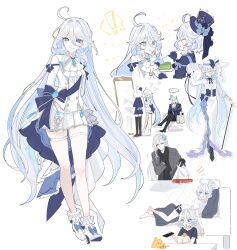 Rule 34 | !, ..., 1boy, 2girls, :t, absurdres, ahoge, alternate costume, arms behind back, ascot, asymmetrical gloves, bag, barefoot, black thighhighs, blue bow, blue gemstone, blue gloves, boo 1, bow, cake, cake slice, cane, closed eyes, couch, dress, dual persona, food, fork, full-length mirror, full body, furina (genshin impact), gem, genshin impact, gloves, grin, hair bun, hat, heart, high heels, highres, holding, holding cane, holding fork, long hair, mirror, mismatched gloves, multiple girls, neuvillette (genshin impact), on couch, pillow, plastic bag, pleated skirt, shirt, simple background, single hair bun, skirt, smile, thigh strap, thighhighs, top hat, very long hair, white ascot, white background, white dress, white gloves, white hair, white shirt, white skirt