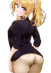 Rule 34 | 10s, 1girl, arched back, ass, ayase eli, ayumu-k, blonde hair, blue eyes, blush, cowboy shot, from behind, highres, looking back, love live!, love live! school idol project, pants, ponytail, scrunchie, sidelocks, simple background, solo, white background, white scrunchie