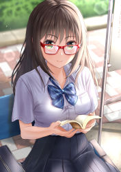 Rule 34 | 1girl, akiyama0818, bag, bench, blue bow, blue bowtie, blue skirt, blurry, bokeh, book, bow, bowtie, breasts, brown hair, collared shirt, day, depth of field, from above, glasses, gradient eyes, green eyes, highres, holding, holding book, large breasts, long hair, looking at viewer, looking over eyewear, multicolored eyes, open book, open collar, original, pavement, pleated skirt, red-framed eyewear, school bag, school uniform, shirt, short sleeves, sign, sitting, skirt, solo, striped bow, striped bowtie, striped clothes, sunlight, white shirt
