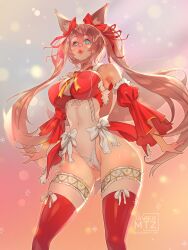 Rule 34 | 1girl, absurdres, animal ears, bare shoulders, blue eyes, bow, breasts, brown hair, caleen keemosn, cameltoe, choker, christmas, christmas outfit, cleft of venus, commission, detached sleeves, female focus, fox ears, fox ears, fox girl, fox tail, garters, gluteal fold, hair bow, hair ribbon, highres, huge breasts, javiermtz, large breasts, lingerie, lipstick, long hair, makeup, multiple tails, navel, original design, plump lips, ribbon, runes, see-through, snow, solo, star ocean, star ocean anamnesis, tail, thick thighs, thighhighs, thighs, twintails, underwear, very long hair, from below, watermark, wide hips