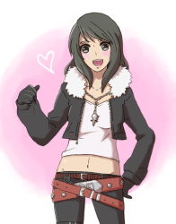 Rule 34 | 1girl, bad id, bad pixiv id, belt, black hair, cosplay, crossdressing, female focus, final fantasy, final fantasy viii, fur, gloves, happy, heart, jacket, jewelry, long sleeves, lowres, midriff, multiple belts, nanopoyo, navel, necklace, open mouth, rinoa heartilly, smile, solo, squall leonhart, squall leonhart (cosplay)