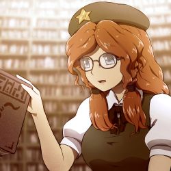 Rule 34 | 1girl, alternate hairstyle, beret, bespectacled, blouse, blue eyes, blurry, book, bookshelf, braid, chinese clothes, commentary request, depth of field, from side, glasses, hat, hong meiling, library, long hair, looking down, open mouth, puffy short sleeves, puffy sleeves, red hair, semi-rimless eyewear, shirosato, shirt, short sleeves, side braid, solo, star (symbol), swept bangs, touhou, twin braids, twintails, upper body, voile, wavy hair, white shirt