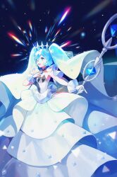 Rule 34 | 1girl, absurdres, blue eyes, blue hair, bong sick, bracelet, creatures (company), diamond (shape), dress, frilled dress, frills, game freak, gloves, hand on own chest, hatsune miku, highres, jewelry, nintendo, off shoulder, open mouth, pendant choker, pokemon, project voltage, rock miku (project voltage), smile, strapless, strapless dress, tiara, twintails, veil, vocaloid, wand, white gloves