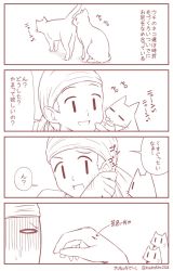 Rule 34 | 1boy, 4koma, animal hands, artist name, artist self-insert, bandana, cat, closed eyes, comic, commentary request, greyscale, monochrome, open mouth, real life, scratches, shaded face, sweat, tongue, tongue out, translation request, twitter username, yamato nadeshiko