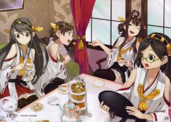 Rule 34 | &gt;;d, + +, 10s, 4girls, :o, ahoge, boots, cat, chair, couch, cup, curtains, dessert, detached sleeves, food, fork, frilled skirt, frills, glasses, hair ornament, hairband, haruna (kancolle), headgear, hiei (kancolle), highres, indoors, japanese clothes, kantai collection, kirishima (kancolle), kongou (kancolle), konishi (koconatu), multiple girls, name tag, nontraditional miko, official art, one eye closed, open mouth, ribbon-trimmed sleeves, ribbon trim, saucer, scan, skirt, smile, sparkle, table, tea stand, teacup, teapot, thigh boots, thighhighs, tiered tray, tray, v-shaped eyebrows, wide sleeves, window, zettai ryouiki