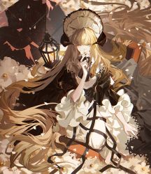 Rule 34 | 1girl, absurdly long hair, arknights, artist name, blonde hair, blue eyes, candle, dress, flower, frills, hat, headwear request, holding, holding flower, horns, indoors, long hair, long sleeves, looking at viewer, nightingale (an elegy) (arknights), nightingale (arknights), official alternate costume, petals, satsuya, sitting, solo, very long hair, white dress, white flower, white hat