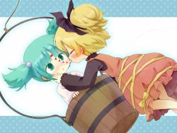 Rule 34 | 2girls, blonde hair, blush, bow, bucket, closed eyes, female focus, green eyes, green hair, hair bobbles, hair bow, hair ornament, hand on another&#039;s cheek, hand on another&#039;s face, heart, heart-shaped pupils, imminent kiss, in bucket, in container, kisume, kurodani yamame, multiple girls, open mouth, short hair, symbol-shaped pupils, tona (nekotte), touhou, twintails