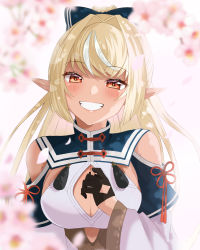 Rule 34 | 1girl, ahoge, bad id, bad pixiv id, black gloves, blonde hair, blurry, blush, bow, branch, breasts, cherry blossoms, cleavage, cleavage cutout, clothing cutout, commentary, dark-skinned female, dark skin, depth of field, dress, eyelashes, gloves, grin, hair bow, highres, hololive, large breasts, lips, long hair, looking at viewer, medium breasts, moonbell, multicolored hair, petals, pointy ears, ponytail, red eyes, shiranui flare, shiranui flare (old design), shoulder cutout, smile, solo, streaked hair, tassel, teeth, two-tone hair, upper body, virtual youtuber, white dress, white hair, wide sleeves