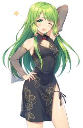 Rule 34 | 1girl, ;d, animal print, arm up, black dress, black nails, blush, breasts, butterfly print, commentary request, detached sleeves, dress, floral print, green eyes, green hair, hair ornament, hand on own hip, highres, long hair, long sleeves, morinaka kazaki, mosomoso, nail polish, nijisanji, one eye closed, open mouth, print dress, see-through, see-through sleeves, sidelocks, simple background, sleeveless, sleeveless dress, small breasts, smile, solo, star (symbol), very long hair, virtual youtuber, white background, wide sleeves