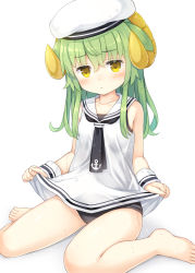Rule 34 | 1girl, :/, anchor symbol, animal ears, asatsuki (monmusume-harem), bare legs, bare shoulders, barefoot, beret, black neckerchief, black one-piece swimsuit, blush, closed mouth, clothes lift, collarbone, commentary request, dress, dress lift, full body, green hair, hair between eyes, hat, highres, horns, lifted by self, long hair, looking at viewer, monmusu harem, monmusume-harem, namaru (summer dandy), neckerchief, one-piece swimsuit, school swimsuit, school uniform, serafuku, shadow, sheep ears, sheep girl, sheep horns, shirt hold, sidelocks, simple background, sitting, sleeveless, solo, swimsuit, swimsuit under clothes, wariza, wet, wet clothes, wet hair, white background, white hat, wrist cuffs, yellow eyes