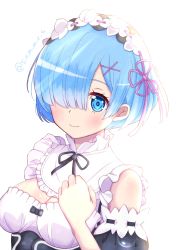 Rule 34 | 10s, 1girl, black ribbon, blue eyes, blue hair, blush, breasts, closed mouth, commentary request, detached sleeves, frilled sleeves, frills, hair ornament, hair over one eye, hair ribbon, hand up, highres, large breasts, looking at viewer, luxunshangxiang, maid, maid headdress, pink ribbon, purple ribbon, re:zero kara hajimeru isekai seikatsu, rem (re:zero), ribbon, ribbon-trimmed clothes, ribbon trim, short hair, simple background, smile, solo, tareme, twitter username, underbust, upper body, white background, x hair ornament