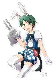 Rule 34 | 1girl, adapted turret, alternate costume, animal ears, checkered shorts, enemy lifebuoy (kancolle), feet out of frame, gloves, green eyes, green hair, kantai collection, looking at viewer, mogami (kancolle), nao (nao eg), pocket watch, puffy sleeves, rabbit ears, short hair, short sleeves, shorts, simple background, smile, solo, swept bangs, thighhighs, watch, white background, white gloves, white thighhighs