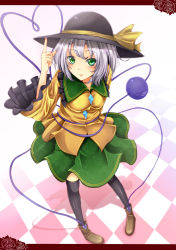 Rule 34 | 1girl, absurdres, bad id, bad pixiv id, black thighhighs, blush, breasts, checkered floor, dabadhi, eyeball, female focus, floor, floral print, from above, full body, green eyes, hat, heart, heart of string, highres, komeiji koishi, looking at viewer, pigeon-toed, pointing, pointing up, short hair, silver hair, smile, solo, thighhighs, third eye, touhou